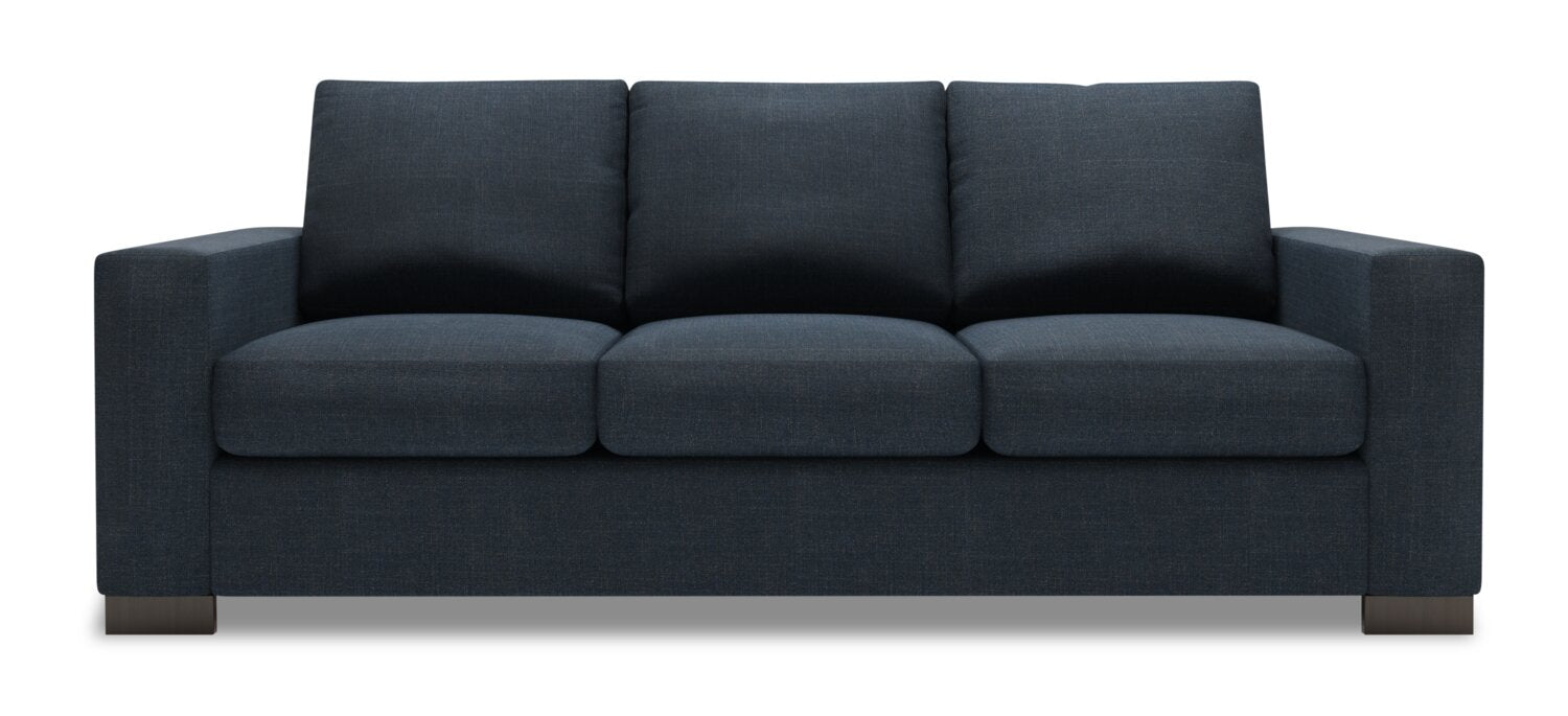 Made in Canada Customizable Sofa Lab Track 85" Linen-Look Fabric Sofa with Track Arms - Luna Sailor Blue | Sofa Track de Sofa Lab de 85 po fabriqué au Canada en tissu d’apparence lin avec accoudoirs rectilignes - bleu Luna Sailor | TR102491