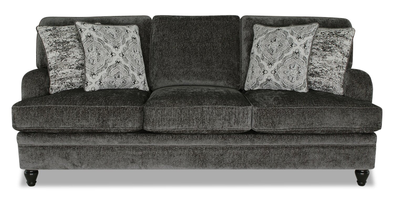 Made in Canada Bellmont 89" Chenille Fabric Sofa with Reversible Cushions and Wood Legs - Charcoal Grey | Sofa Bellmont de 89 po fabriqué au Canada en tissu de chenille avec coussins réversibles et pattes en bois - gris anthracite