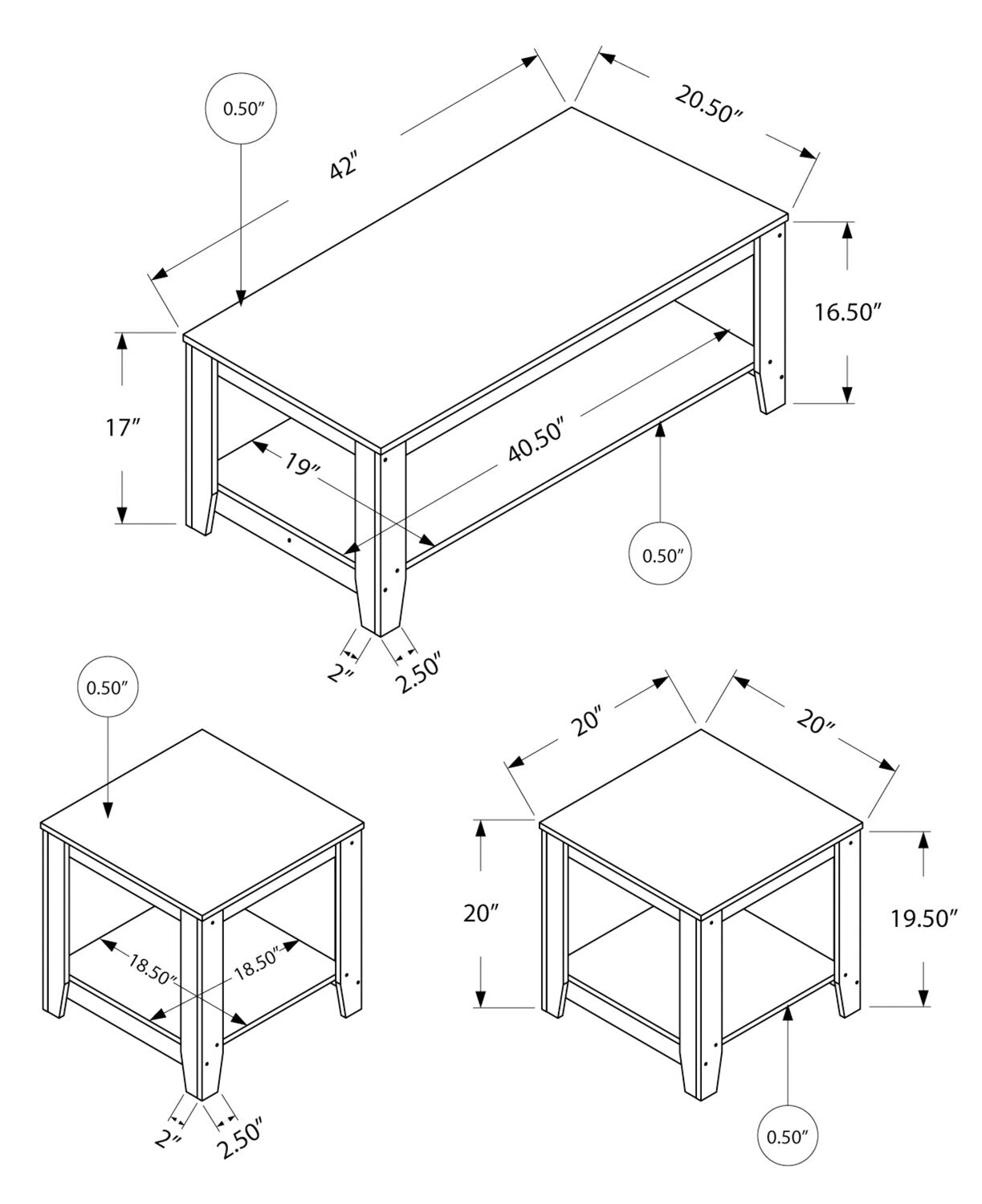 Lincoln 42" Traditional 3-Pack Coffee + 2 End Tables with Shelf - Black Brown |Ensemble 3 tables traditionnelles Lincoln de 42 po (table à café et 2 tables de bout) avec tablette - brun-noir