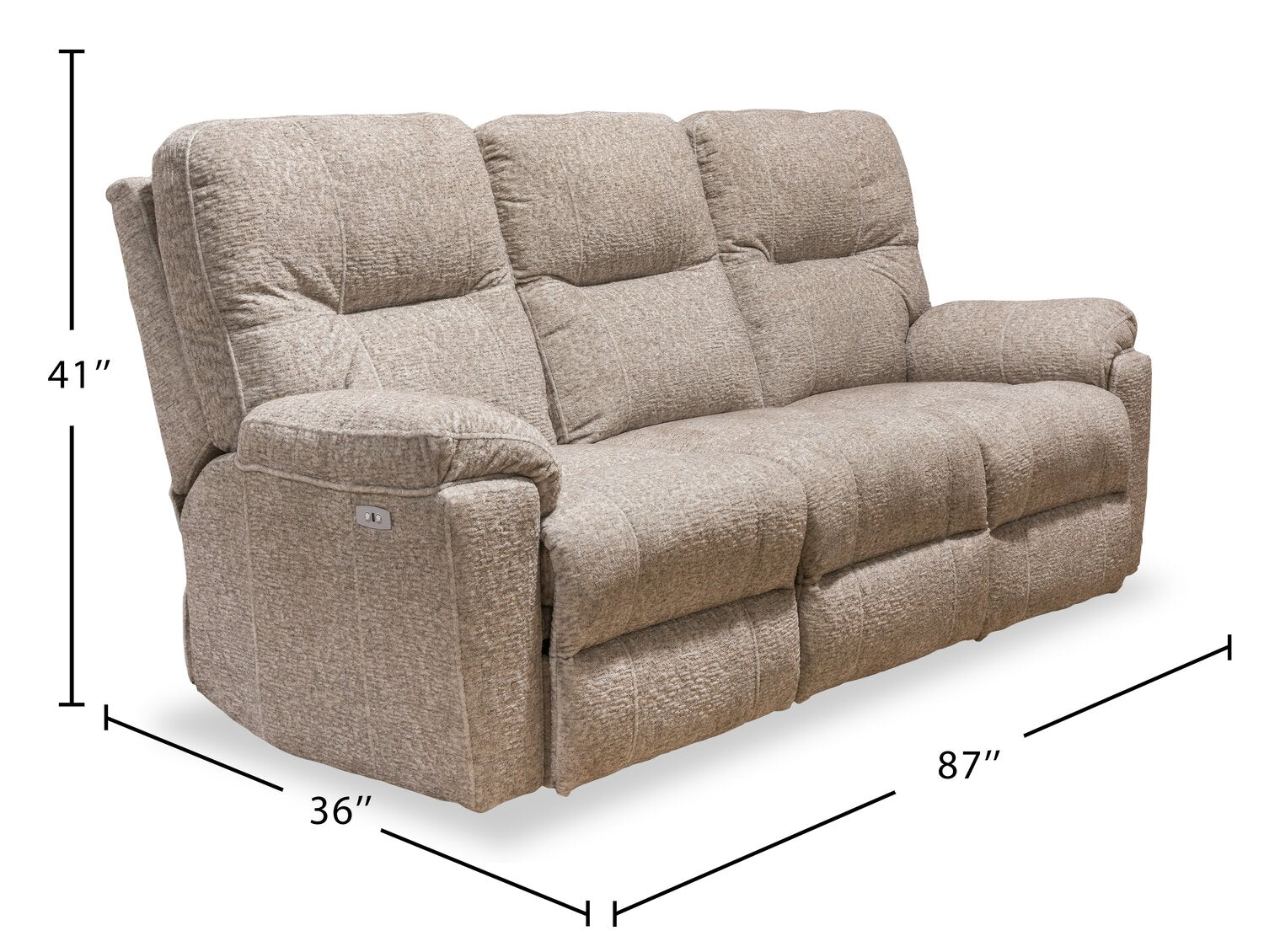 Made in Canada Dawson 87" Fabric Power Reclining Sofa with USB Port and Accent Pillows - Beige | Sofa à inclinaison électrique Dawson de 87 po fabriqué au Canada en tissu avec port USB et coussins décoratifs - beige