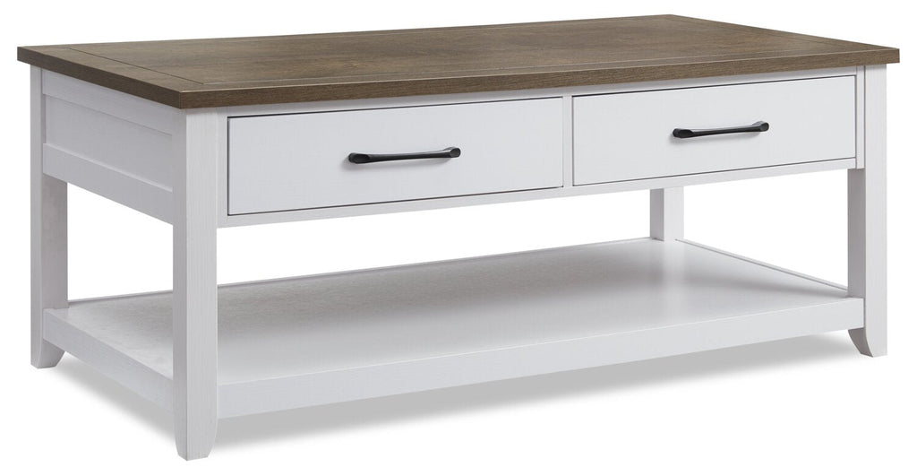 Kort & Co. Logan 23.25" Traditional Coffee Table with Storage and Shelf - White and Walnut Oak |Table à café traditionnelle Logan de Kort & Co. de 23,25 po avec rangement et tablette - blanche et chêne noyer