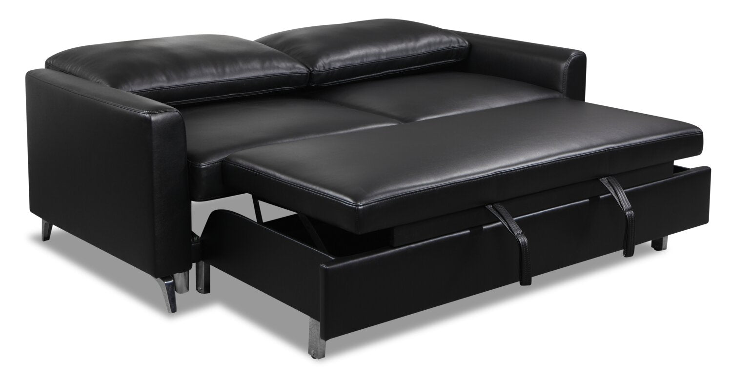 Wilson 77.5" Leather-Look Fabric Sleeper Sofa with Drop-Down Back Cushions and Metal Legs - Black | Sofa-lit Wilson de 77,5 po en tissu d’apparence cuir avec coussins de dossier rabattables et pattes en métal - noir