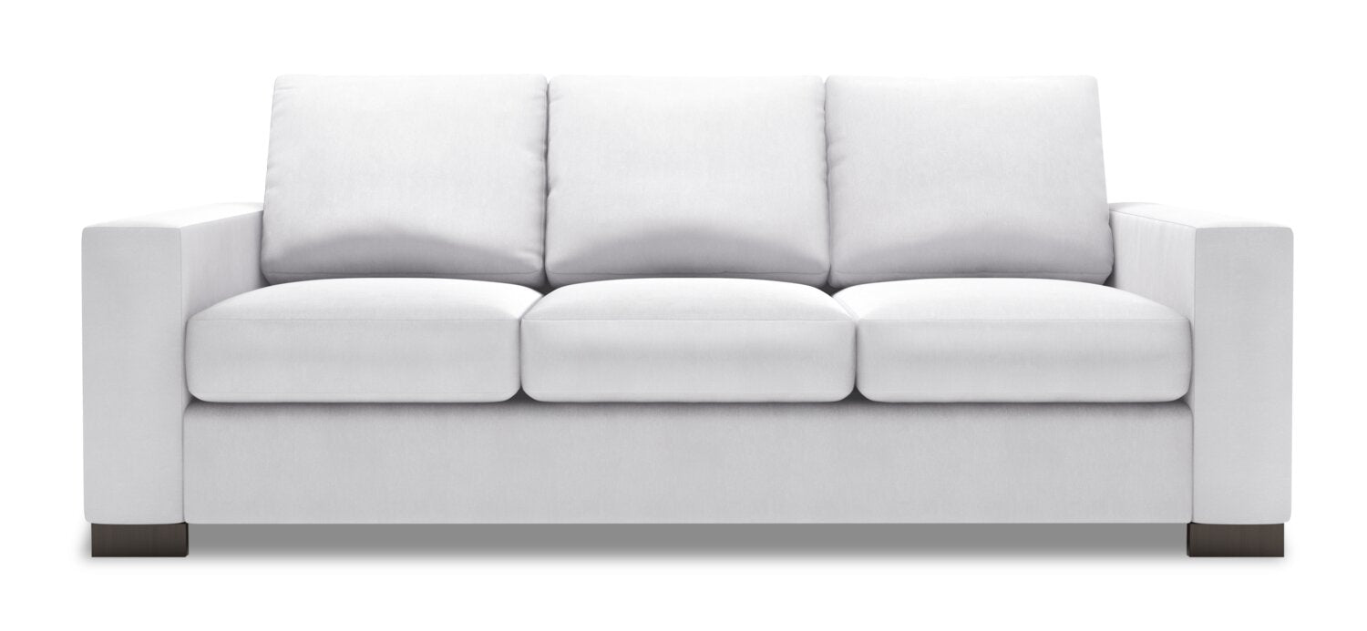 Made in Canada Customizable Sofa Lab Track 85" Linen-Look Fabric Sofa with Track Arms - Pax Ice White | Sofa Track de Sofa Lab de 85 po fabriqué au Canada en tissu d’apparence lin avec accoudoirs rectilignes - blanc Pax Ice | TR103449