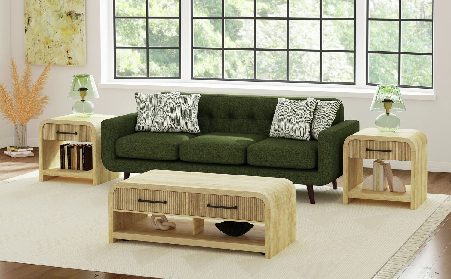Lenore 48” Modern Coffee Table with Storage, Shelf and Casters - Natural | Table à café moderne Lenore de 48 po avec rangement, tablette et roulettes - naturelle