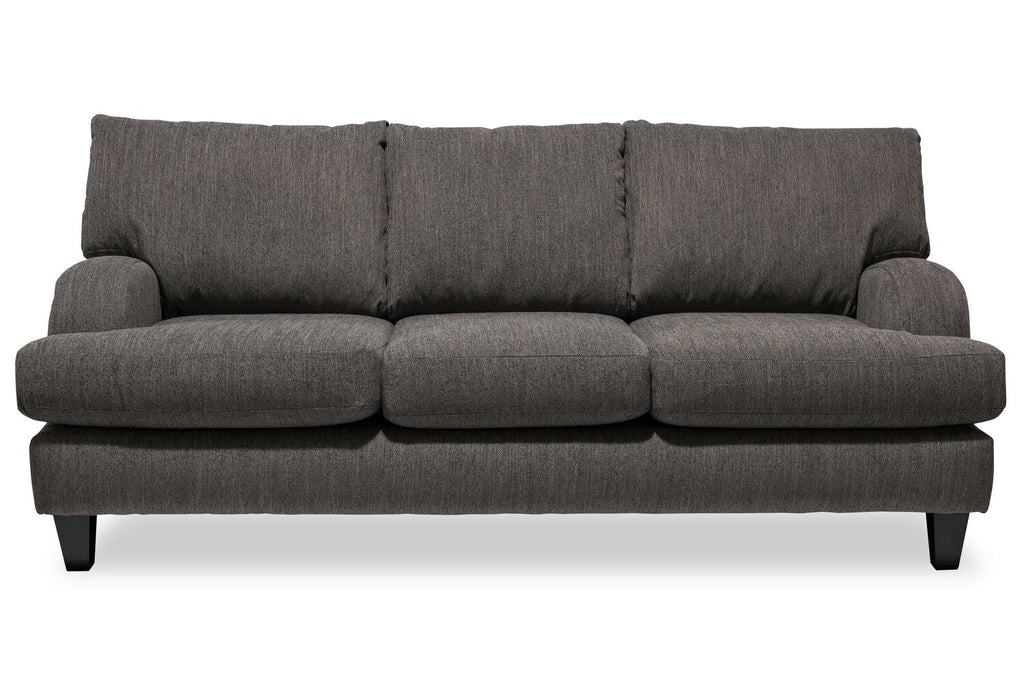 Made in Canada Nofia 80" Chenille Fabric Sofa with Two Accent Pillows and Wood Legs - Charcoal Grey | Sofa Nofia de 80 po fabriqué au Canada en tissu de chenille avec 2 coussins décoratifs et pattes en bois - gris anthracite