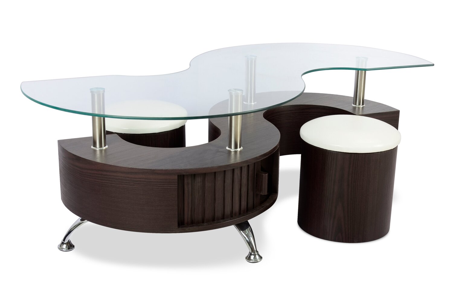 Savon  52.5" Modern S-shaped 3-Pack Coffee + 2 Ottomans with Storage and Shelf - Dark Walnut Wood and Chrome |Ensemble 3 articles modernes en forme de S Savon de 52,5 po (table à café et 2 poufs) avec rangement et tablette - bois noyer foncé et chrome