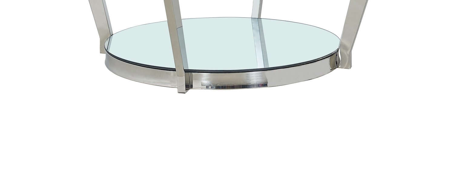 Yonge 36" Modern Round Glass Top Coffee Table with Shelf - Chrome Finish with Stainless Steel | Table à café ronde moderne Yonge de 36 po avec dessus en verre et tablette - fini chromé avec acier inoxydable