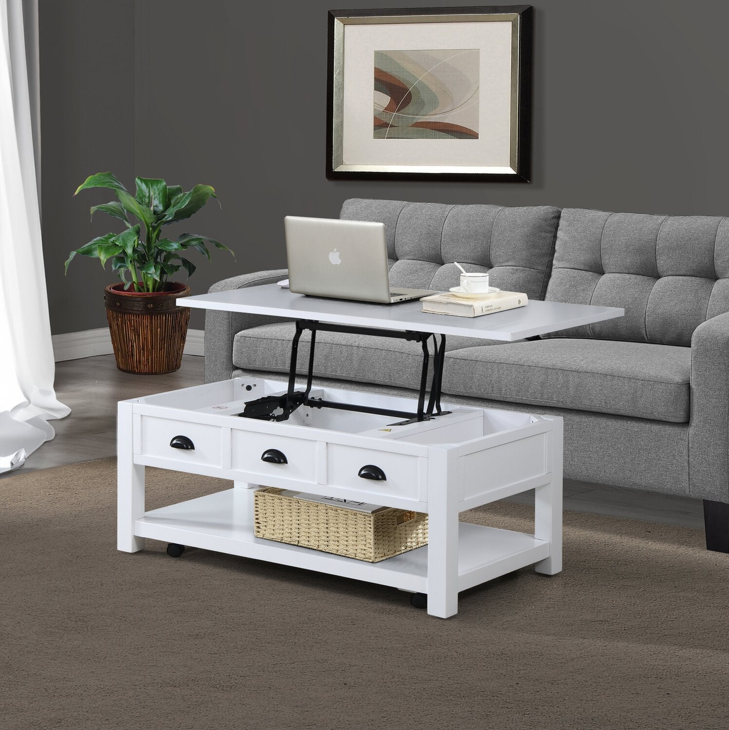 Centennial 48" Modern Lift Top Coffee Table with Storage, Shelf & Casters - White | Table à café moderne Centennial de 48 po avec dessus relevable, rangement, tablette et roulettes - blanche