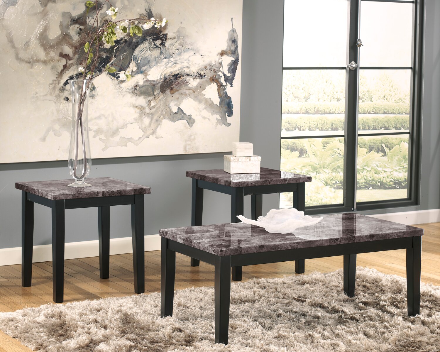 Maysville 48" Modern 3-Pack Coffee + 2 End Tables - Faux Marble Top Wood Legs|Ensemble 3 tables modernes Maysville de 48 po (table à café et 2 tables de bout) - dessus en imitation de marbre avec pattes en bois