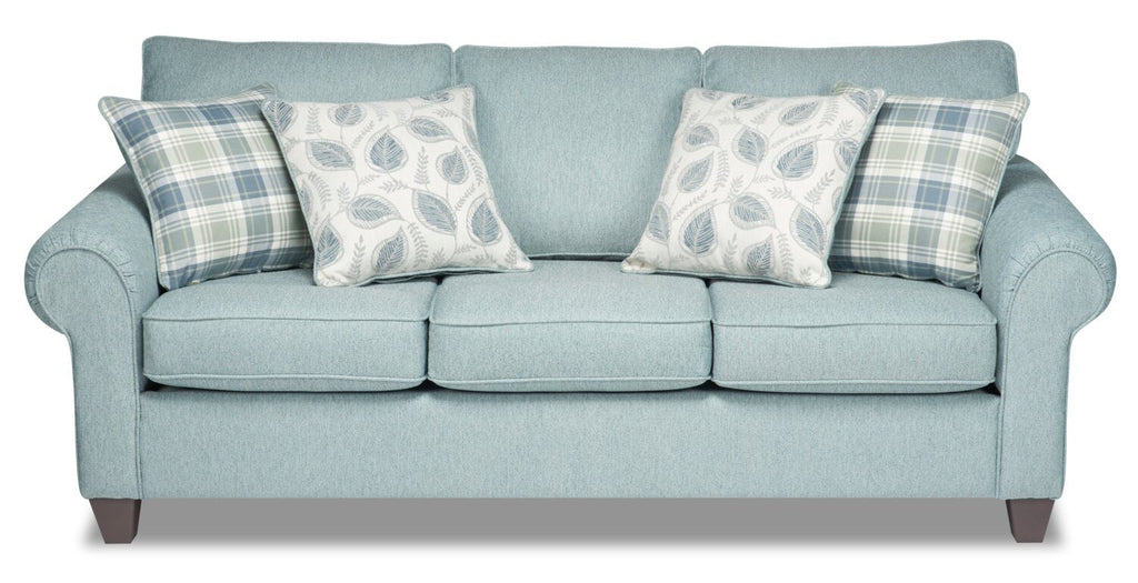 Made in Canada Scarlett 87" Chenille Fabric Sofa with Rolled Arms and Accent Pillows - Marine Blue | Sofa Scarlett de 87 po fabriqué au Canada en tissu de chenille avec accoudoirs enroulés et coussins décoratifs - bleu marine