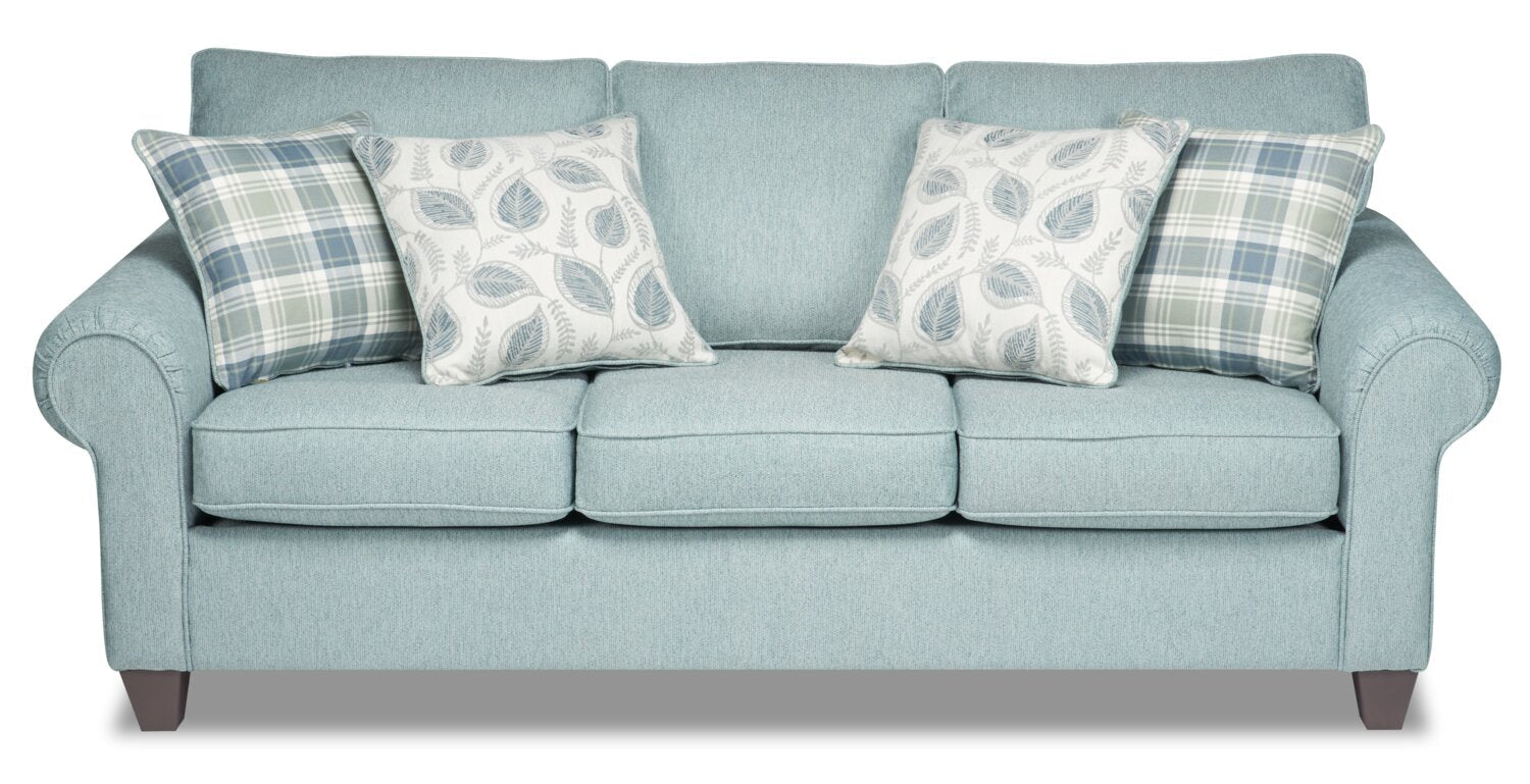 Made in Canada Scarlett 87" Chenille Fabric Sofa with Rolled Arms and Accent Pillows - Marine Blue | Sofa Scarlett de 87 po fabriqué au Canada en tissu de chenille avec accoudoirs enroulés et coussins décoratifs - bleu marine