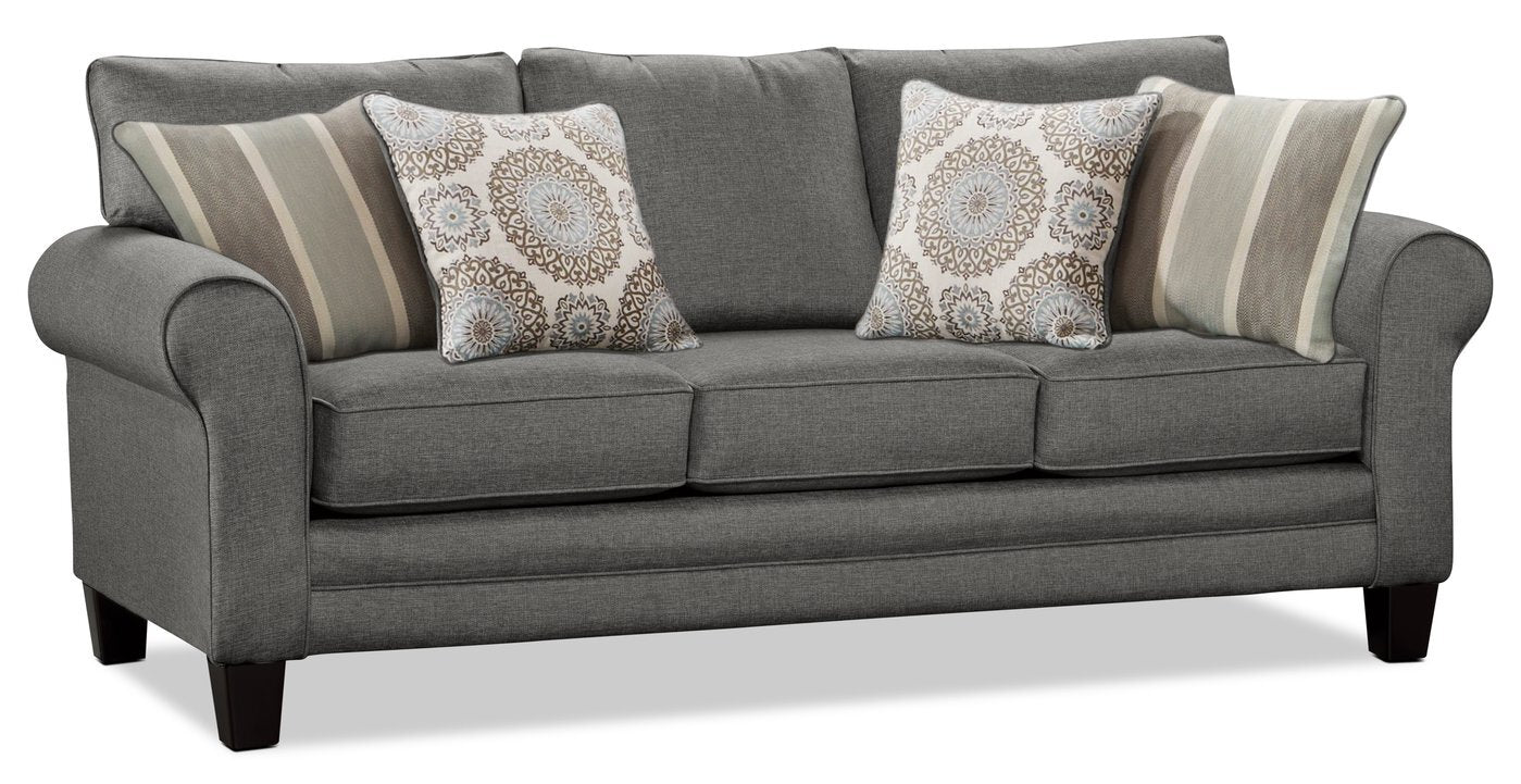Made in Canada Tula 88" Fabric Sofa with Rolled Arms and Accent Pillows - Steel Grey | Sofa Tula de 88 po fabriqué au Canada en tissu avec accoudoirs enroulés et coussins décoratifs - gris acier