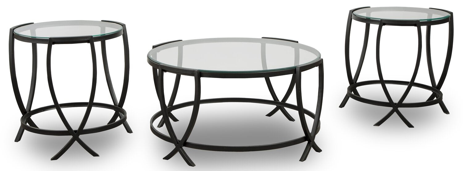 Tarrin 36.13" Modern Round 3-Pack Coffee + 2 End Tables - Glass Top with Metal Legs|Ensemble 3 tables rondes modernes Tarrin de 36,13 po (table à café et 2 tables de bout) - dessus en verre avec pattes en métal