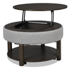 Elroy 33" Rustic Round Lift Top Coffee Table With Storage, Shelf and Casters - Brown and Grey with Fabric Edge|Table à café ronde rustique Elroy de 33 po avec dessus relevable, rangement, tablette et roulettes - brune et grise avec bordure en tissu