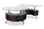 Savon  52.5" Modern S-shaped 3-Pack Coffee + 2 Ottomans with Storage and Shelf - Dark Walnut Wood and Chrome |Ensemble 3 articles modernes en forme de S Savon de 52,5 po (table à café et 2 poufs) avec rangement et tablette - bois noyer foncé et chrome