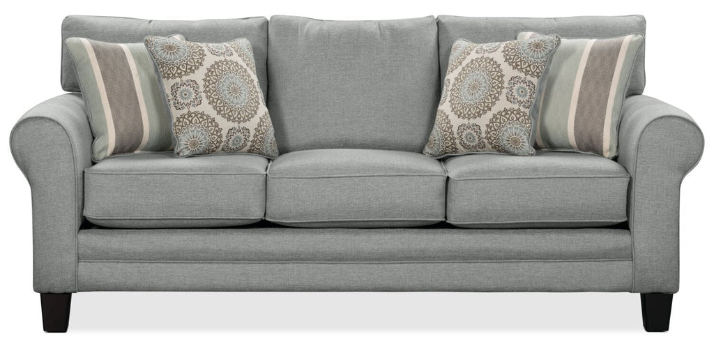 Made in Canada Tula 88" Fabric Sofa with Rolled Arms and Accent Pillows - Mist Grey  | Sofa Tula de 88 po fabriqué au Canada en tissu avec accoudoirs enroulés et coussins décoratifs - gris brume