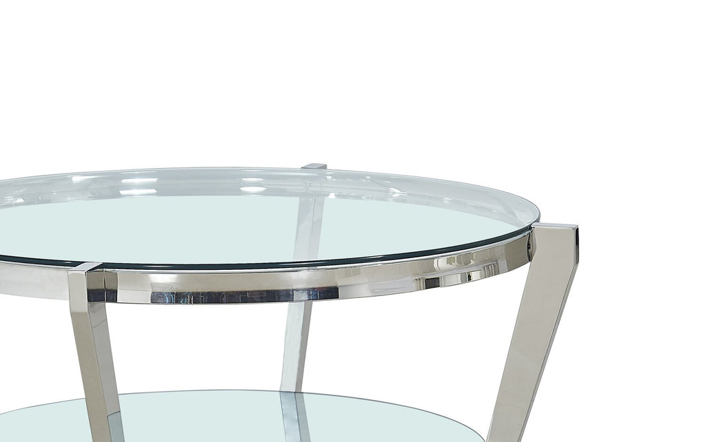 Yonge 36" Modern Round Glass Top Coffee Table with Shelf - Chrome Finish with Stainless Steel | Table à café ronde moderne Yonge de 36 po avec dessus en verre et tablette - fini chromé avec acier inoxydable