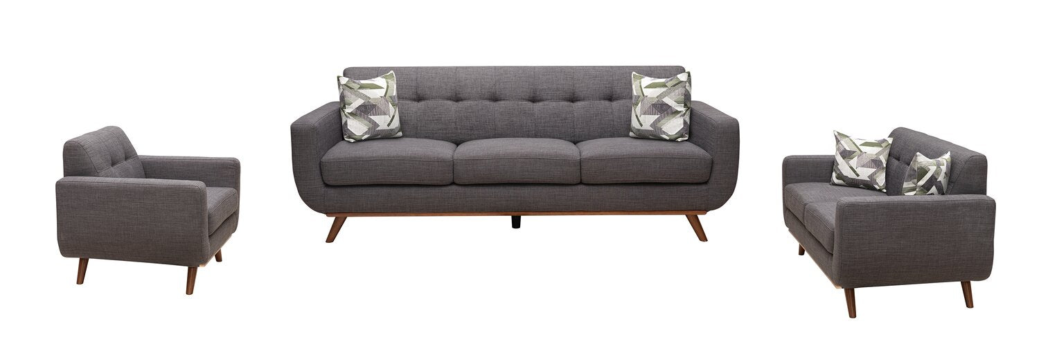 Kort & Co. Freeman 88" Linen-Look Fabric Sofa with Wood Base and Tufted Back Cushions - Charcoal Grey | Sofa Freeman Kort & Co. de 88 po en tissu d’apparence lin avec pattes en bois et coussins de dossier capitonnés - gris anthracite