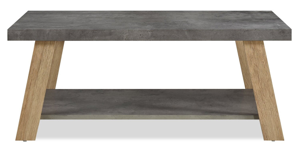 Kelly 43.3" Modern Coffee Table with Shelf - Grey Stone Top with Light Wood Legs|Table à café moderne Kelly de 43,3 po avec tablette - dessus en pierre grise avec pattes en bois clair