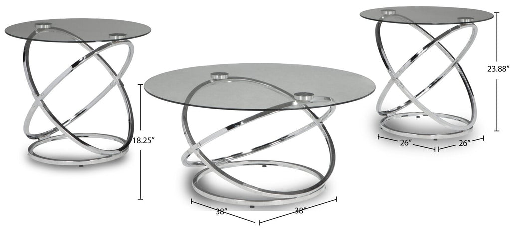 Hollynx 38" Glam Round 3-Pack Coffee + 2 End Tables - Silver Metal Base with Glass Top|Ensemble 3 tables rondes somptueuses Hollynx de 38 po (table à café et 2 tables de bout) - base en métal argenté avec dessus en verre