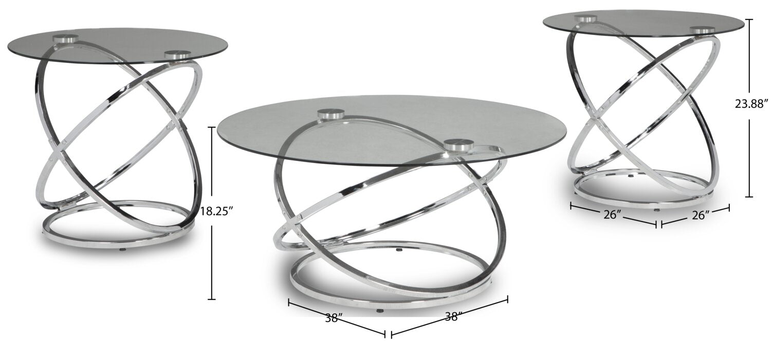 Hollynx 38" Glam Round 3-Pack Coffee + 2 End Tables - Silver Metal Base with Glass Top|Ensemble 3 tables rondes somptueuses Hollynx de 38 po (table à café et 2 tables de bout) - base en métal argenté avec dessus en verre