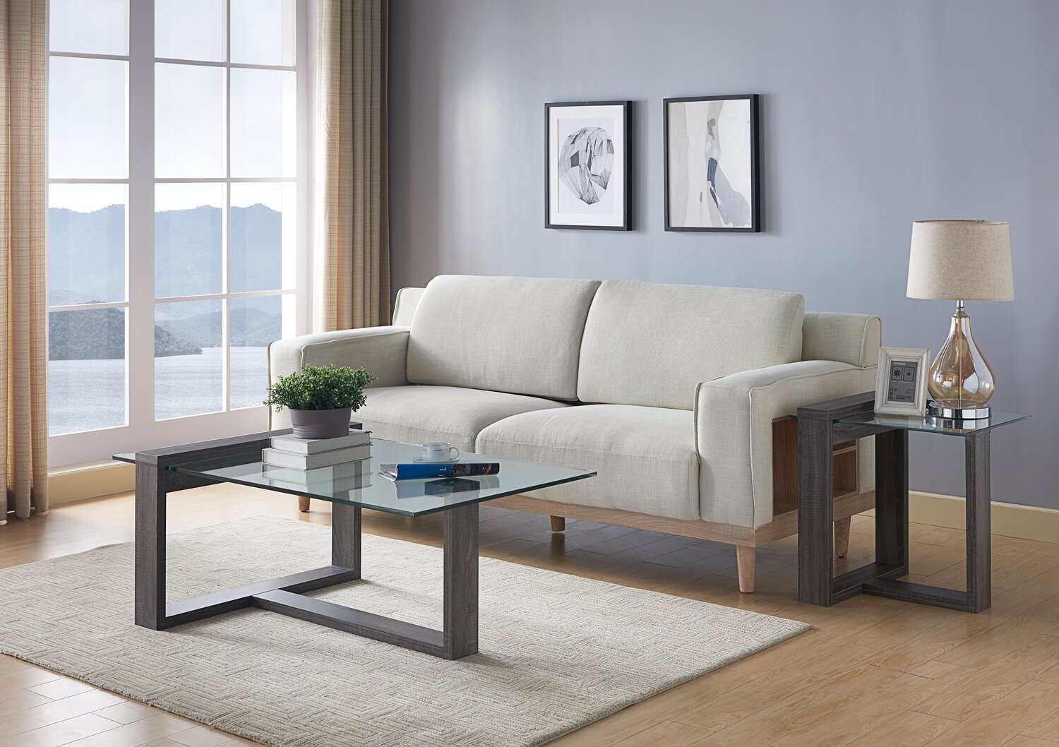 California 47.25" Modern Glass Top Coffee Table - Distressed Grey |Table à café moderne California de 47,25 po avec dessus en verre - gris vieilli