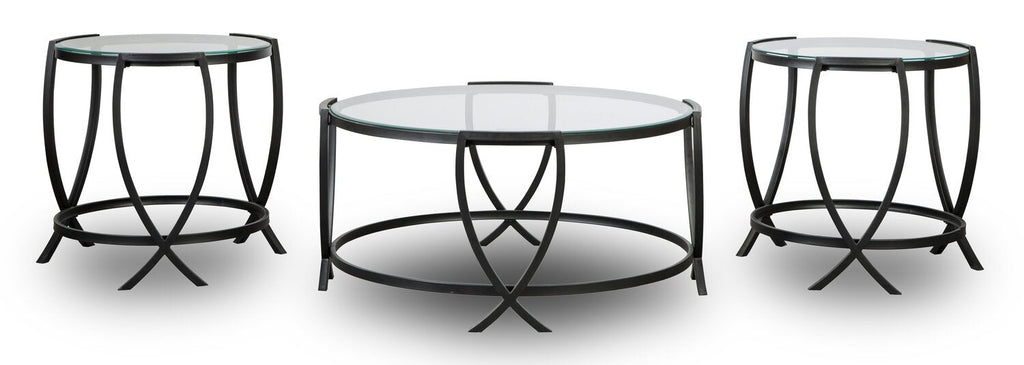 Tarrin 36.13" Modern Round 3-Pack Coffee + 2 End Tables - Glass Top with Metal Legs|Ensemble 3 tables rondes modernes Tarrin de 36,13 po (table à café et 2 tables de bout) - dessus en verre avec pattes en métal