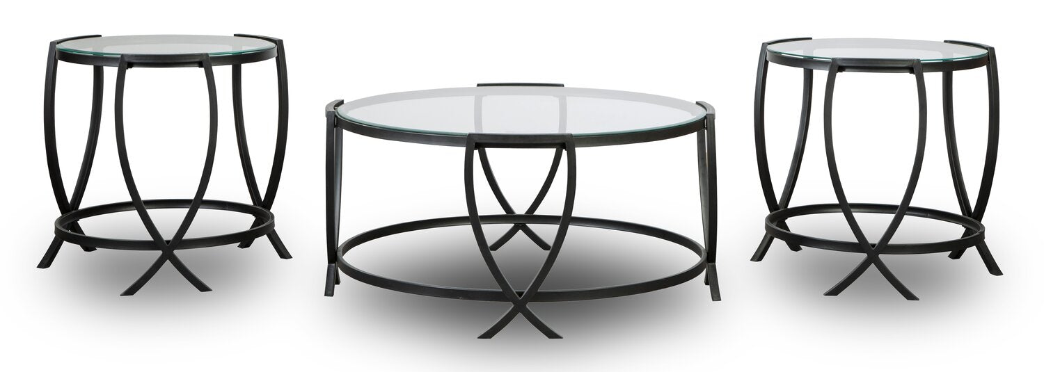 Tarrin 36.13" Modern Round 3-Pack Coffee + 2 End Tables - Glass Top with Metal Legs|Ensemble 3 tables rondes modernes Tarrin de 36,13 po (table à café et 2 tables de bout) - dessus en verre avec pattes en métal