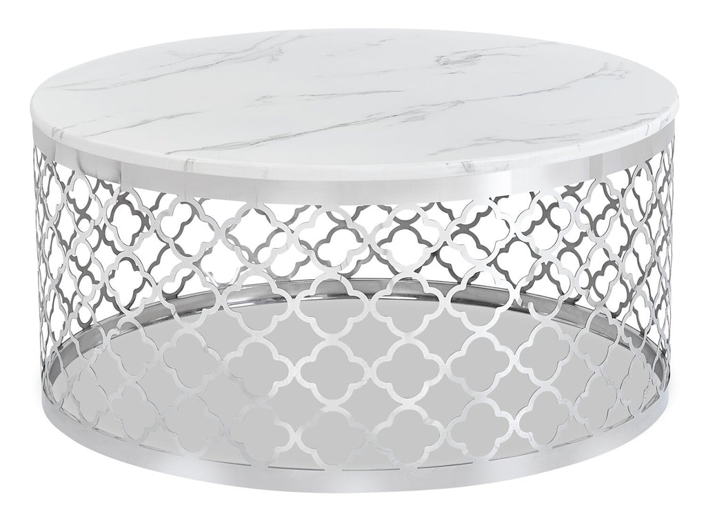 Belle 36" Glam Round Sofa Table - White Marble Top with Stainless Steel Base|Table de salon ronde somptueuse Belle de 36 po - dessus en marbre blanc avec base en acier inoxydable