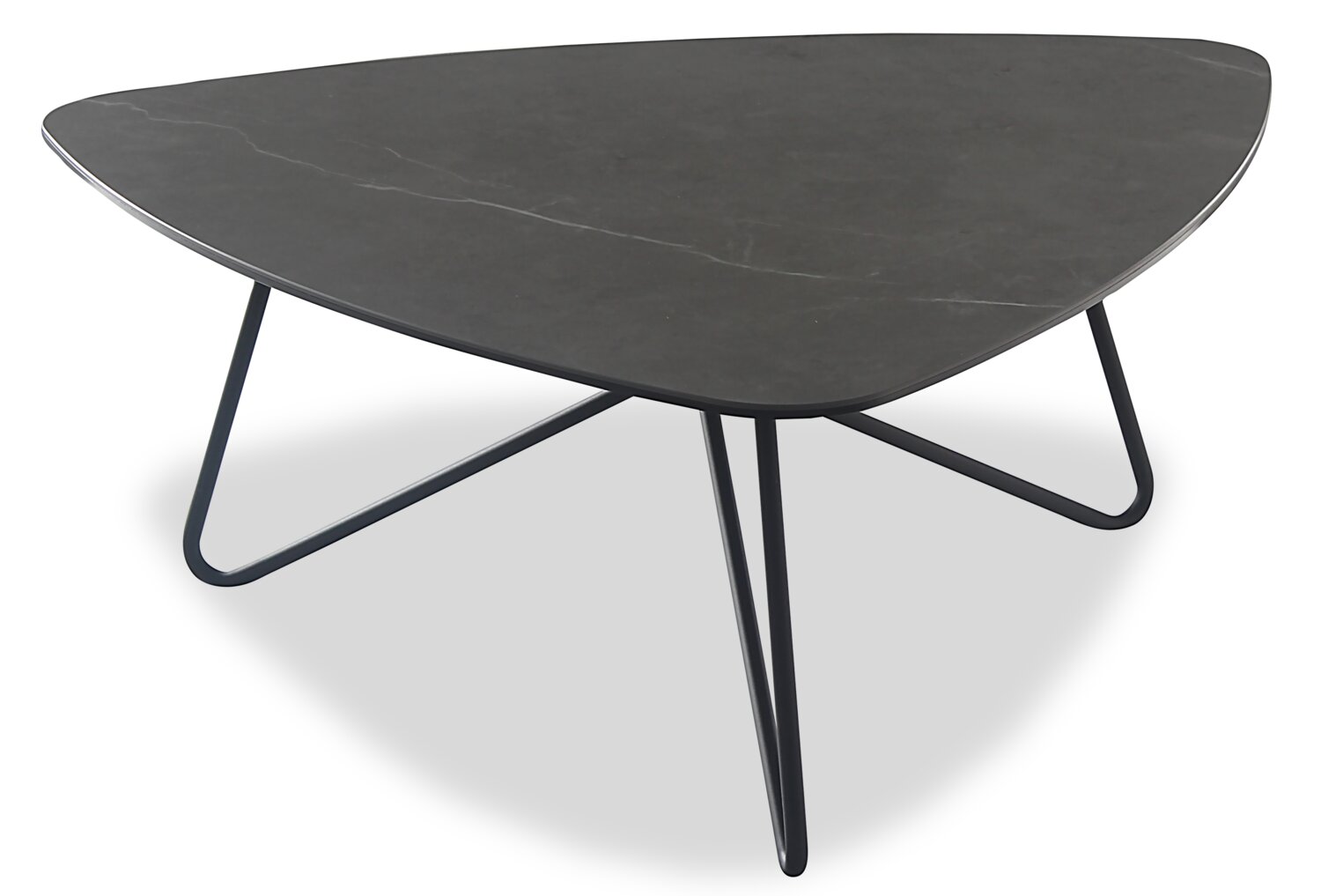 Hamilton 37.99" Modern Triangular Coffee Table - Grey Marble Look Top with Black Metal Legs|Table à café triangulaire moderne Hamilton de 37,99 po - dessus en imitation de marbre gris avec pattes en métal noir