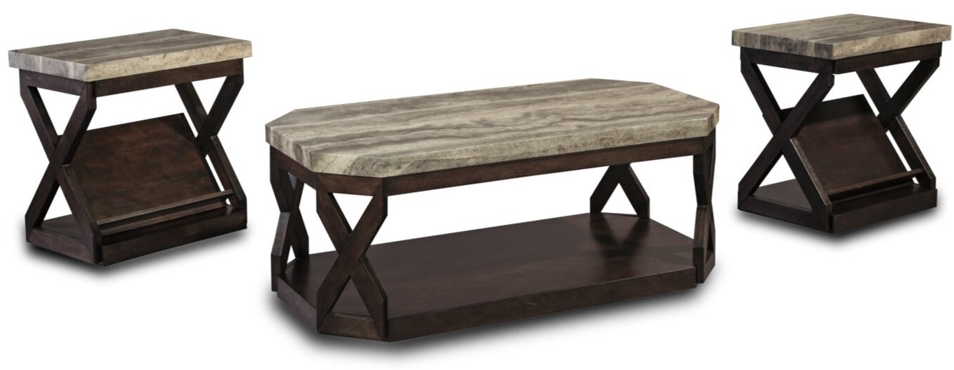 Radilyn 48.13" Traditional 3-Pack Coffee + 2 End Tables with Shelf and Casters - Faux Marble Top wit|Ensemble 3 tables traditionnelles Radilyn de 48,13 po (table à café et 2 tables de bout) avec tablet