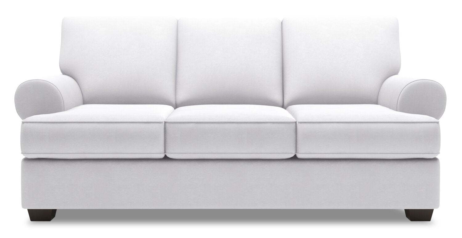 Made in Canada Customizable Sofa Lab Roll 86" Linen-Look Fabric Sofa with Rolled Arms - Pax Ice White | Sofa Roll de Sofa Lab de 86 po fabriqué au Canada en tissu d’apparence lin avec accoudoirs enroulés - blanc Pax Ice | RO103449