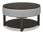 Elroy 33" Rustic Round Lift Top Coffee Table With Storage, Shelf and Casters - Brown and Grey with Fabric Edge|Table à café ronde rustique Elroy de 33 po avec dessus relevable, rangement, tablette et roulettes - brune et grise avec bordure en tissu