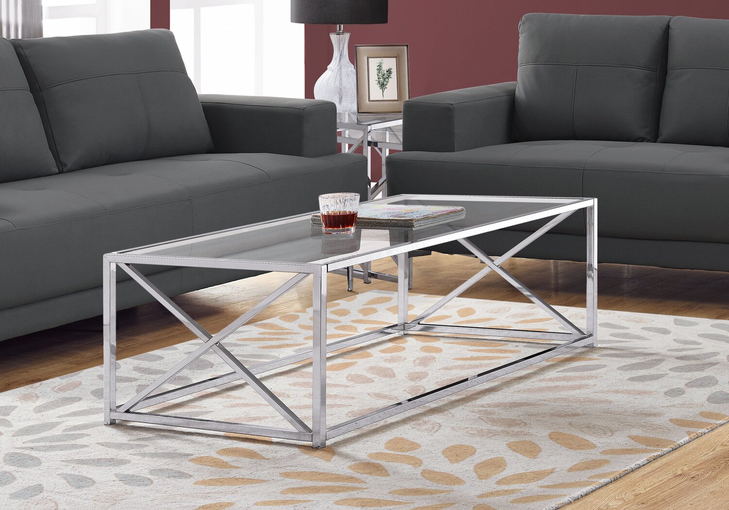 Coral 44" Modern Glass Top Coffee Table - Chrome with Metal Base|Table à café moderne Coral de 44 po avec dessus en verre - chromée avec base en métal