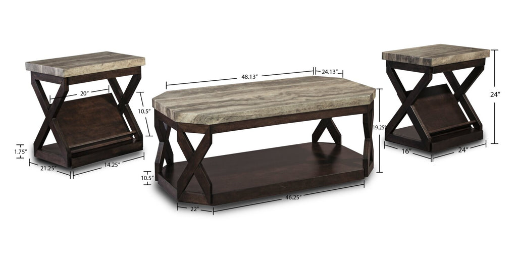 Radilyn 48.13" Traditional 3-Pack Coffee + 2 End Tables with Shelf and Casters - Faux Marble Top wit|Ensemble 3 tables traditionnelles Radilyn de 48,13 po (table à café et 2 tables de bout) avec tablet