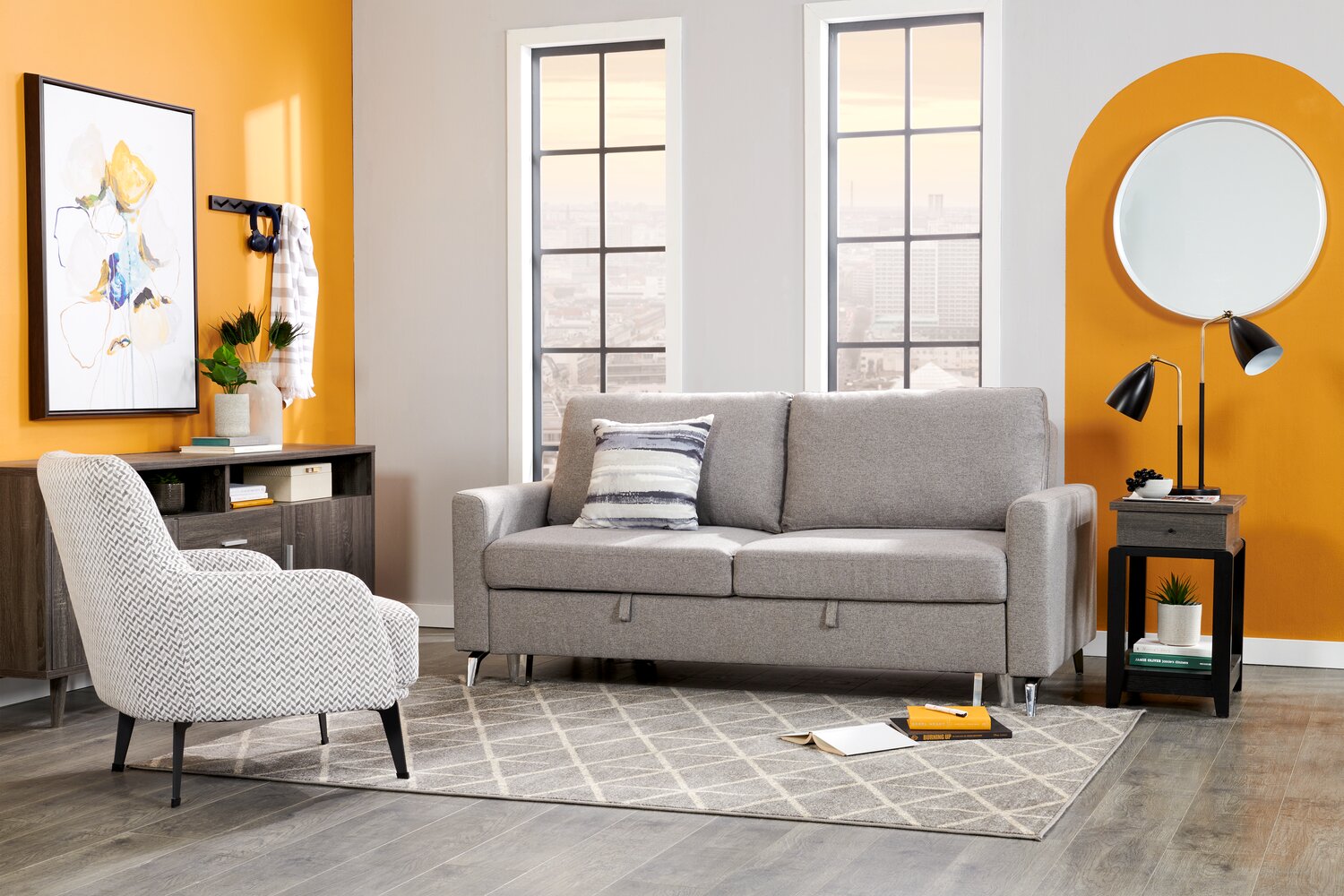 Wilson 77.5" Linen-Look Fabric Sleeper Sofa with Drop-Down Back Cushions and Metal Legs - Solis Grey  | Sofa-lit Wilson de 77,5 po en tissu d’apparence lin avec coussins de dossier rabattables et pattes en métal - gris Solis