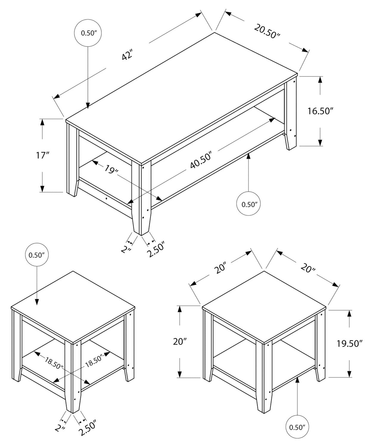 Lincoln 42" Traditional 3-Pack Coffee + 2 End Tables with Shelf - Grey |Ensemble 3 tables traditionnelles Lincoln de 42 po (table à café et 2 tables de bout) avec tablette - gris