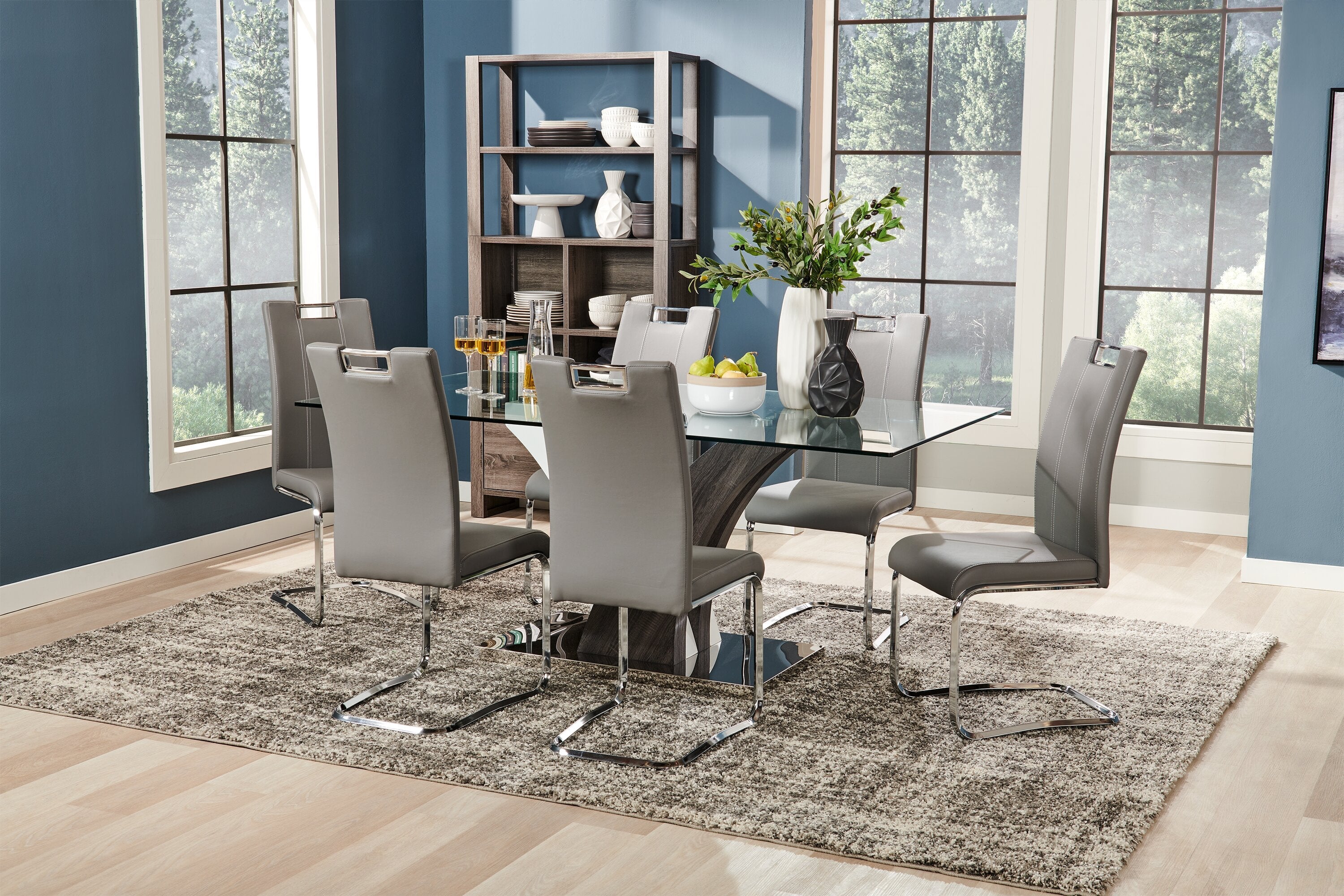 Tuxedo Dining Table with Glass Top, Pedestal Base, 72"W - Grey & White | Table de salle à manger Tuxedo de 72 po (L) avec dessus en verre et base piédestal - grise et blanche