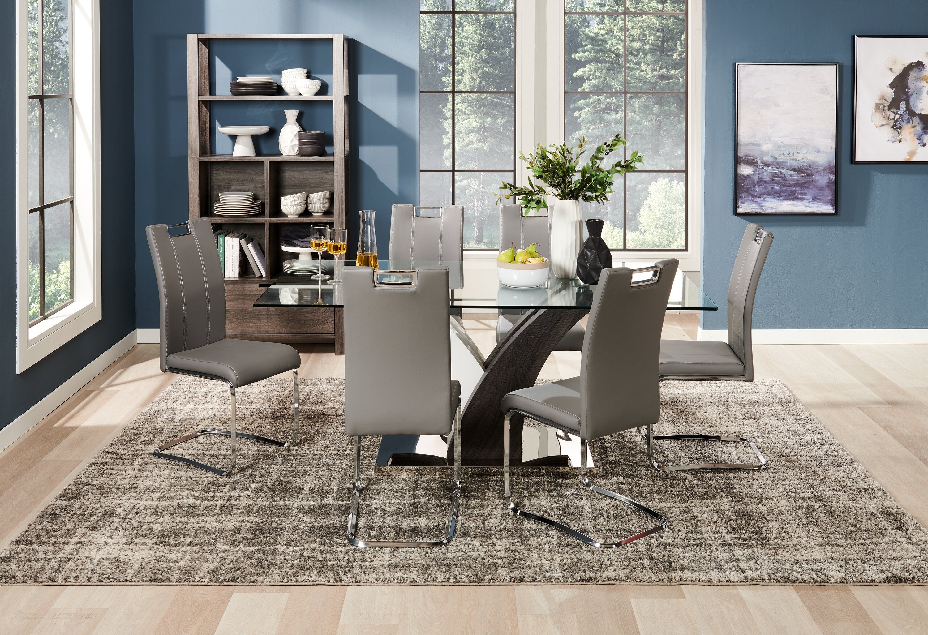Tuxedo Dining Table with Glass Top, Pedestal Base, 72"W - Grey & White | Table de salle à manger Tuxedo de 72 po (L) avec dessus en verre et base piédestal - grise et blanche