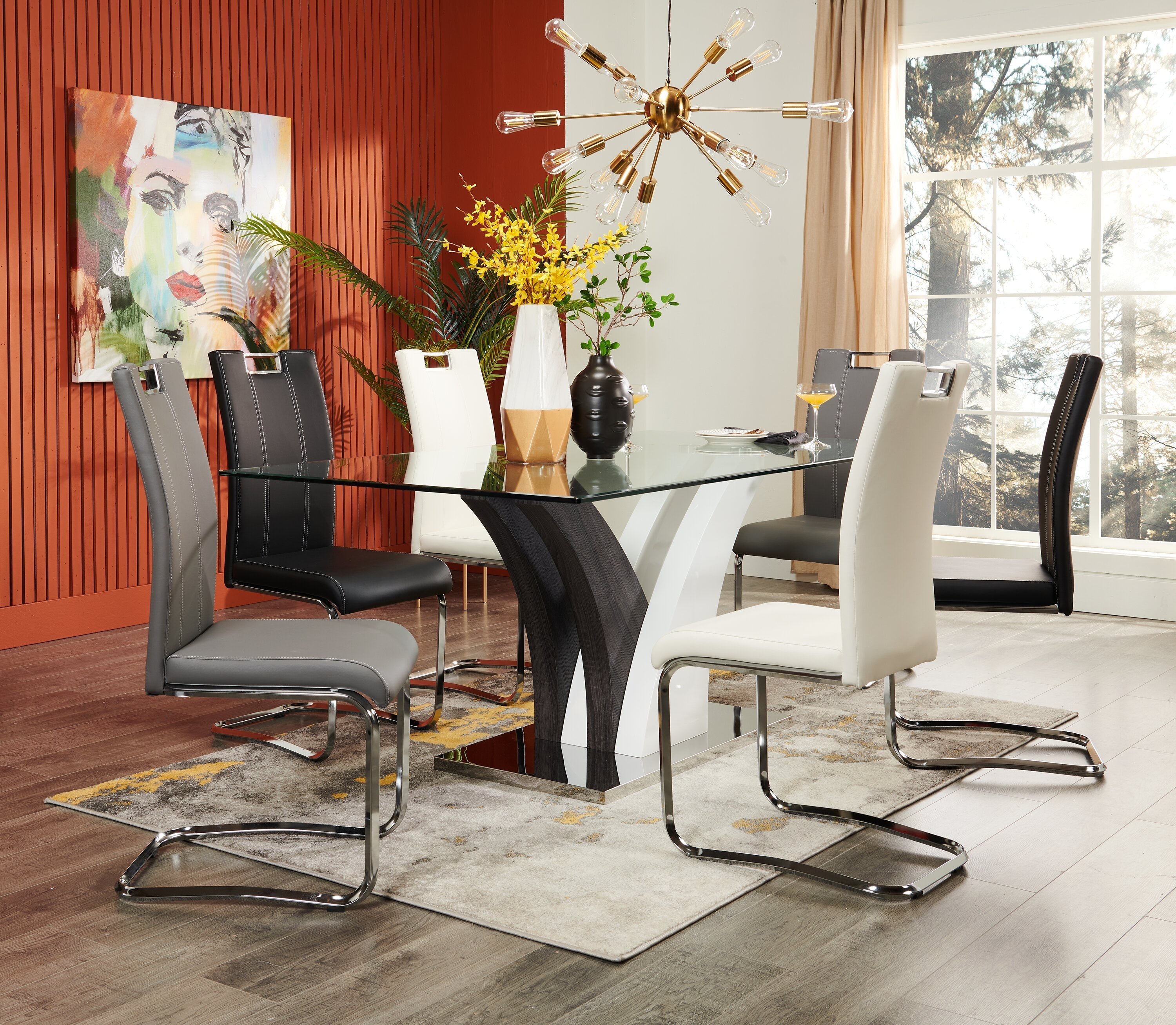 Tuxedo Dining Table with Glass Top, Pedestal Base, 72"W - Grey & White | Table de salle à manger Tuxedo de 72 po (L) avec dessus en verre et base piédestal - grise et blanche