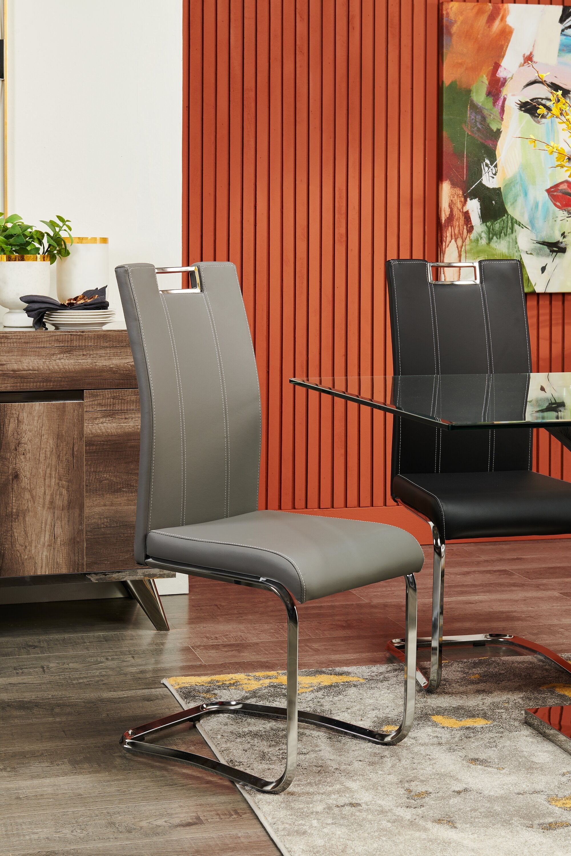 Tuxedo Dining Chair with Vegan-Leather Fabric, Metal - Grey | Chaise de salle à manger Tuxedo en tissu de cuir végétalien et en métal - grise