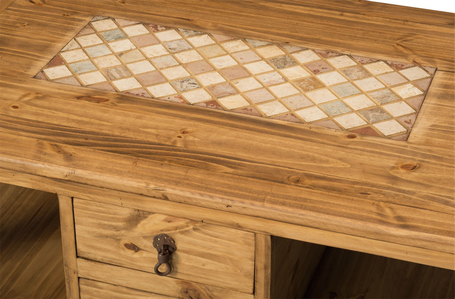 Santa Fe Rustico 47.25" Rustic Coffee Table with Storage and Shelf - Natural Pine with Marble Inset|Table à café rustique Santa Fe Rustico de 47,25 po avec rangement et tablette - pin naturel avec incrustation de marbre