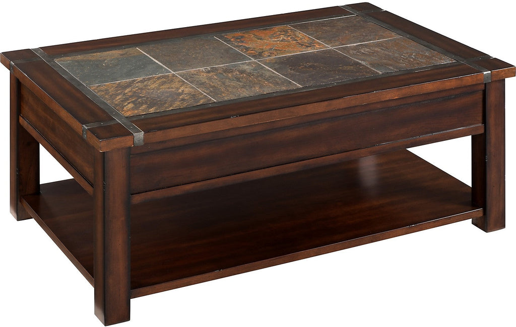 Roanoke 50" Rustic Lift Top Coffee Table with Storage and Shelf - Dark Cherry Wood and Slate Inlay|Table à café rustique Roanoke de 50 po avec dessus relevable, rangement et tablette - bois cerisier foncé et incrustation d’ardoise