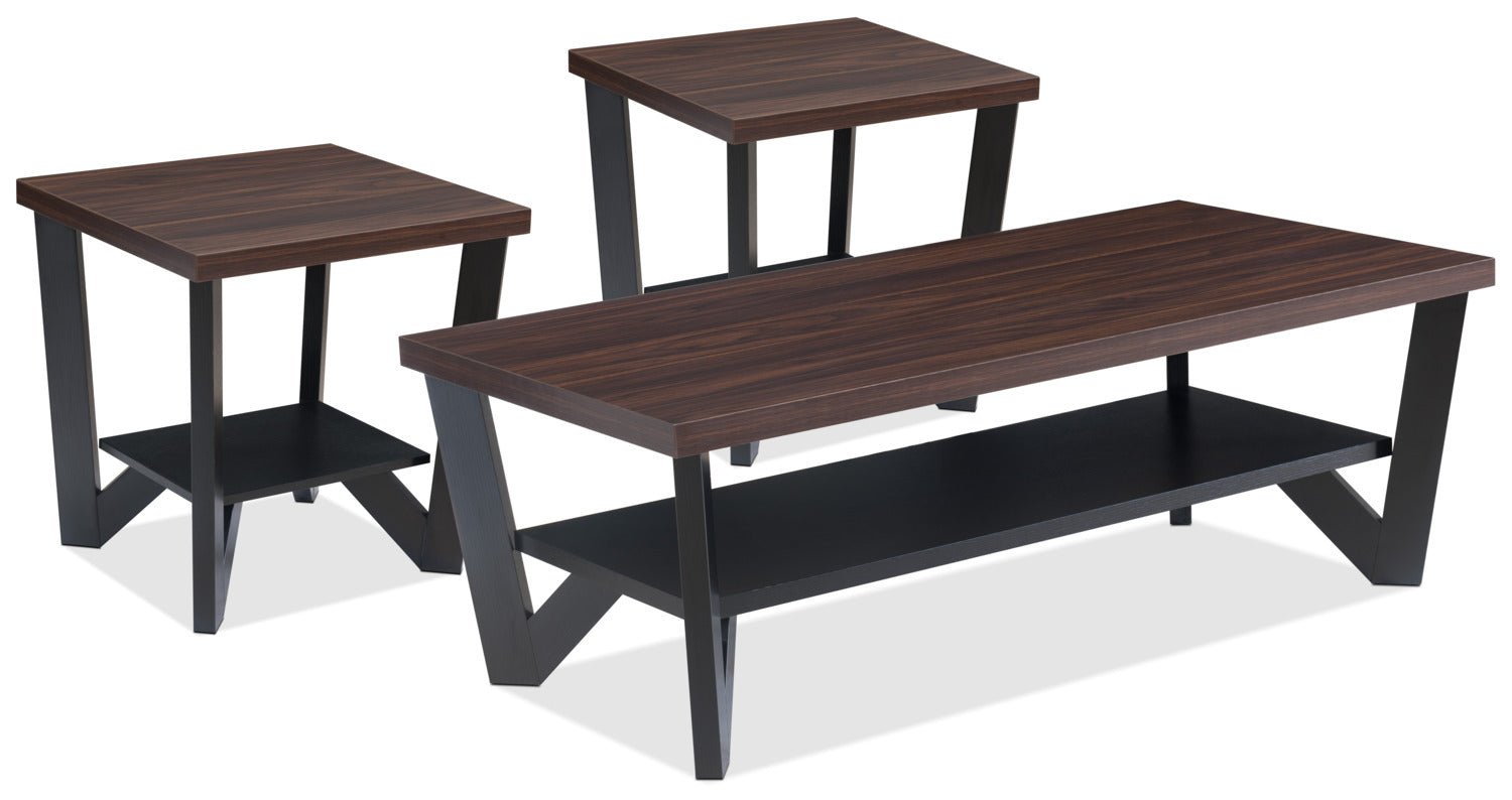 Arika 47.5" Modern 3-Pack Coffee + 2 End Tables with Shelf - Dark Walnut annd Black |Ensemble 3 tables modernes Arika de 47,5 po (table à café et 2 tables de bout) avec tablette - noyer foncé et noir