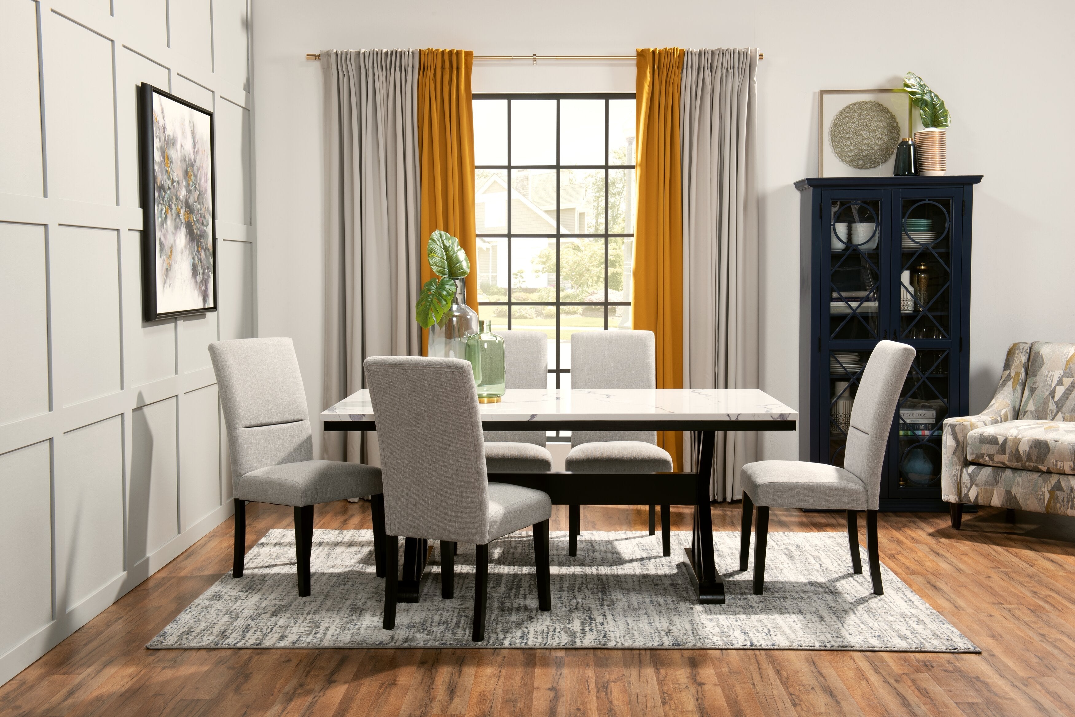 Verona Dining Table with Culture Marbled Top, Trestle Base, 70"W - White | Table de salle à manger Verona de 70 po (L) avec dessus en marbre synthétique et base à tréteaux - blanche