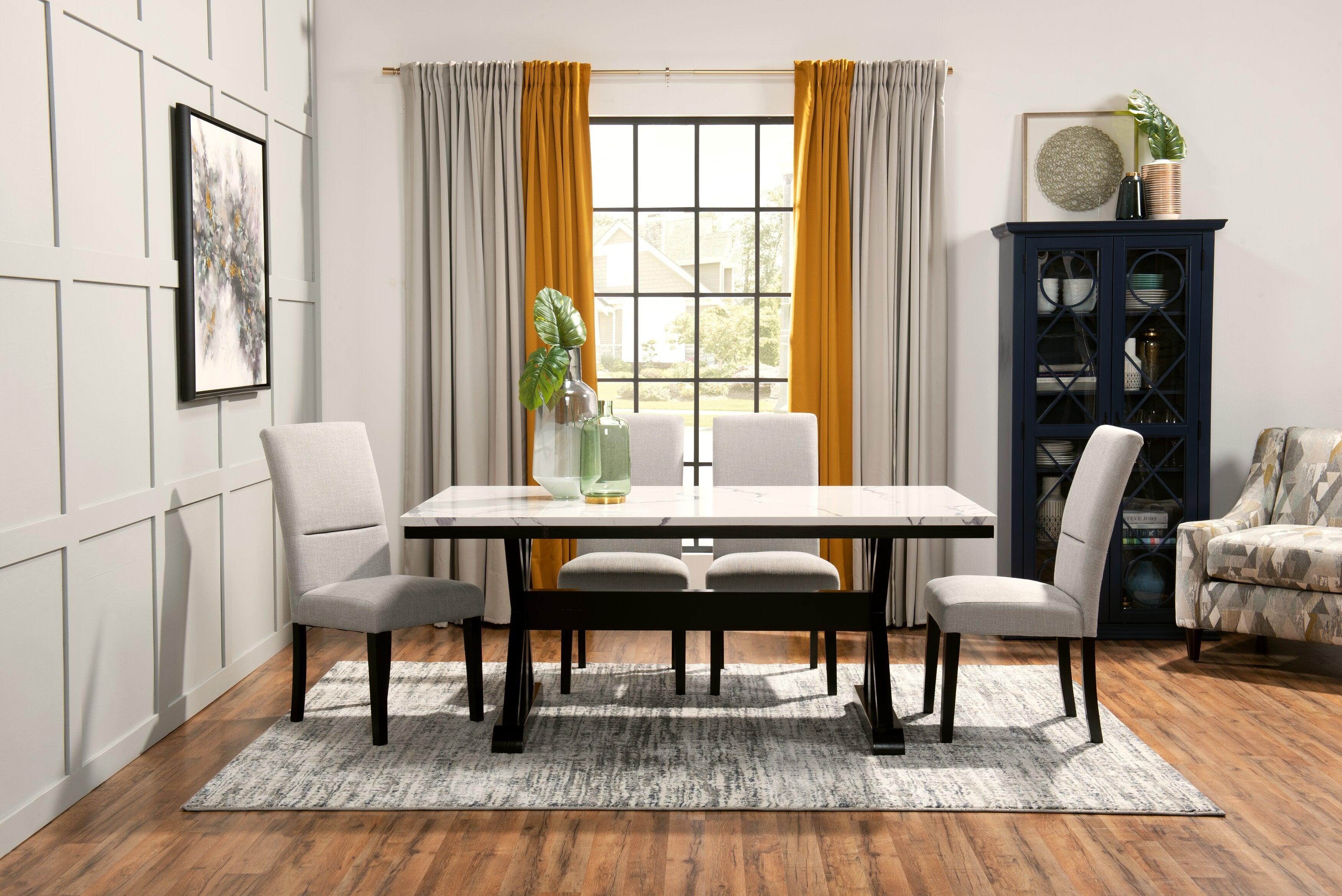 Verona Dining Table with Culture Marbled Top, Trestle Base, 70"W - White | Table de salle à manger Verona de 70 po (L) avec dessus en marbre synthétique et base à tréteaux - blanche