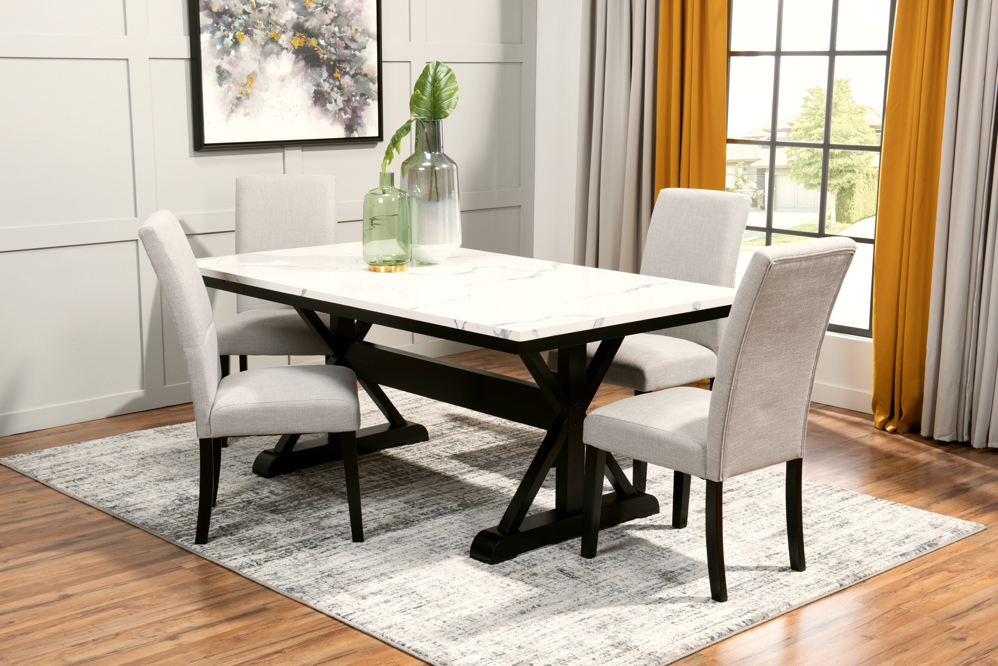 Verona Dining Table with Culture Marbled Top, Trestle Base, 70"W - White | Table de salle à manger Verona de 70 po (L) avec dessus en marbre synthétique et base à tréteaux - blanche