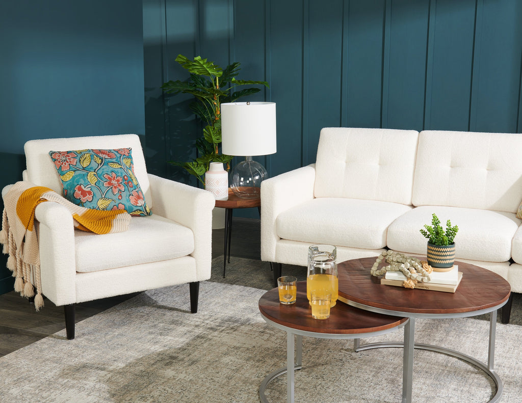 Veranasi 30" Rustic Round Nesting Coffee Tables - Washed Light Brown Wood Top and Iron Legs|Tables à café gigognes rondes rustiques Veranasi de 30 po - dessus en bois brun clair délavé et pattes en fer