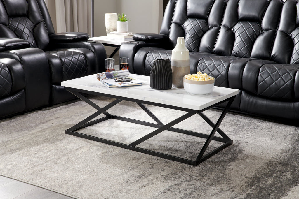 Verona 47.25" Modern Coffee Table - White Marble Look with Black Metal Base|Table à café moderne Verona de 47,25 po - imitation de marbre blanc avec base en métal noir