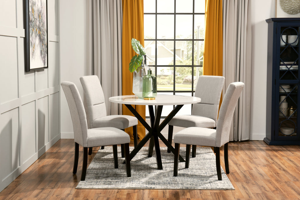 Verona Dining Table with Culture Marbled Top, Metal, Geometric Base, 42"W Round - White | Table de salle à manger ronde Verona de 42 po (L) en métal avec dessus en marbre synthétique et base géométrique - blanche